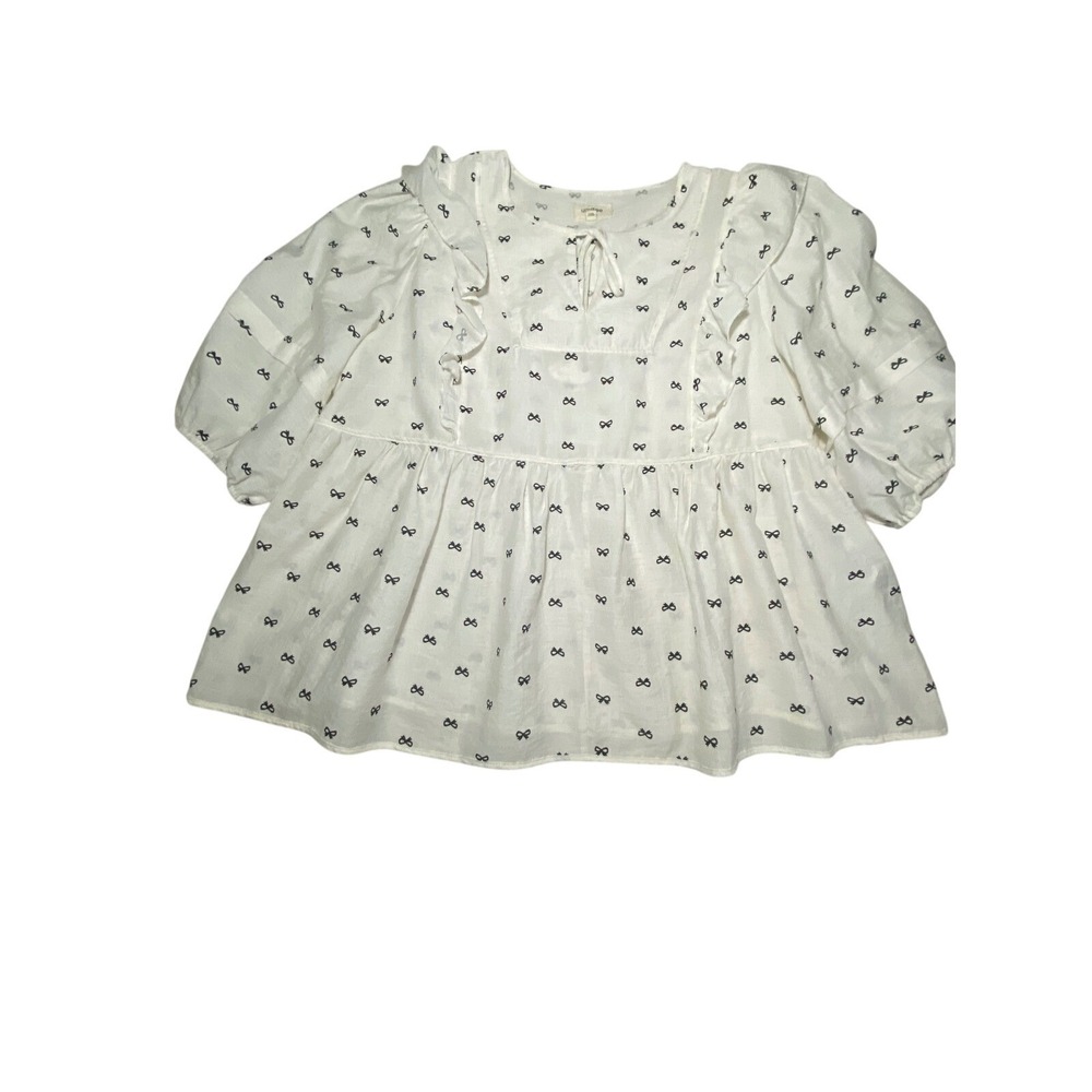 Umgee Womens 1XL Ivory Black Bow Print Ruffle Babydoll Blouse Puff Sleeve Top - Picture 2 of 8